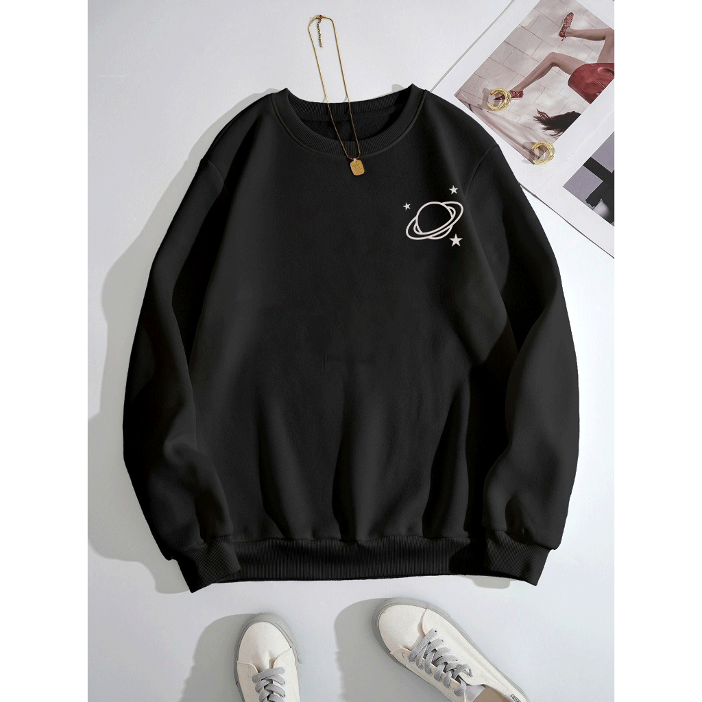 Sweater Wanita Dewasa Planet Crewneck Remaja Sweater Basic Oblong Cewe flecce Murah