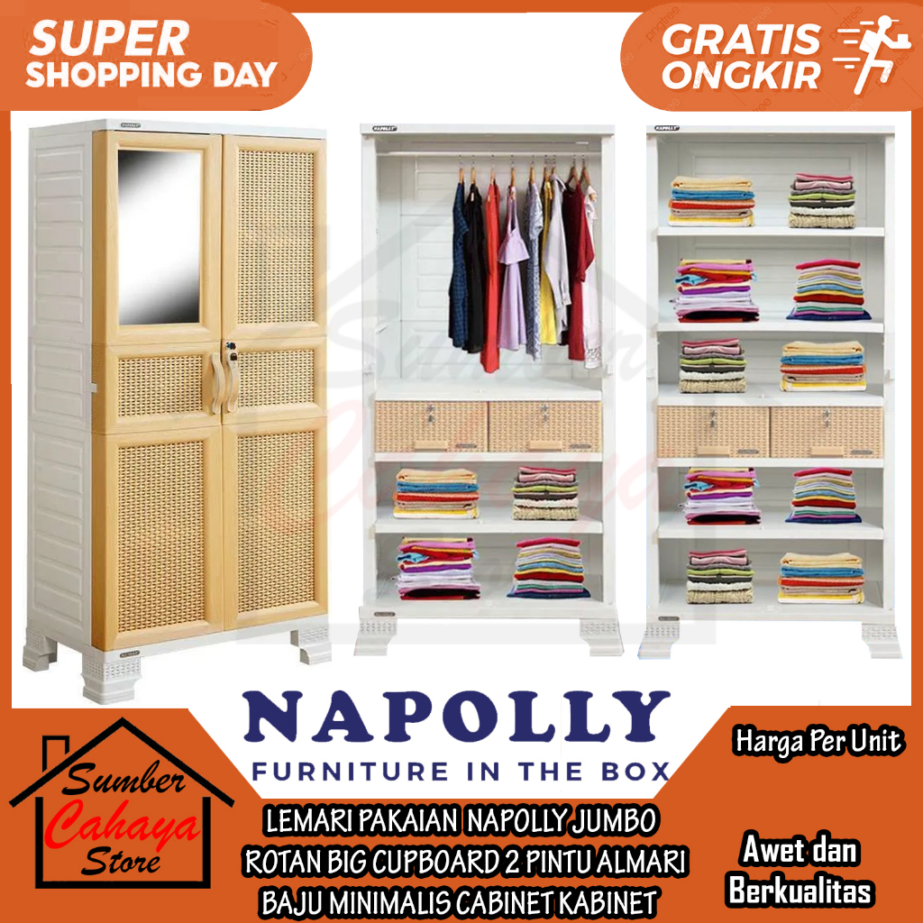 [Instan] LEMARI PAKAIAN PLASTIK NAPOLLY JUMBO ROTAN BIG CUPBOARD 2 PINTU PUTIH MINIMALIS MODERN TEMP