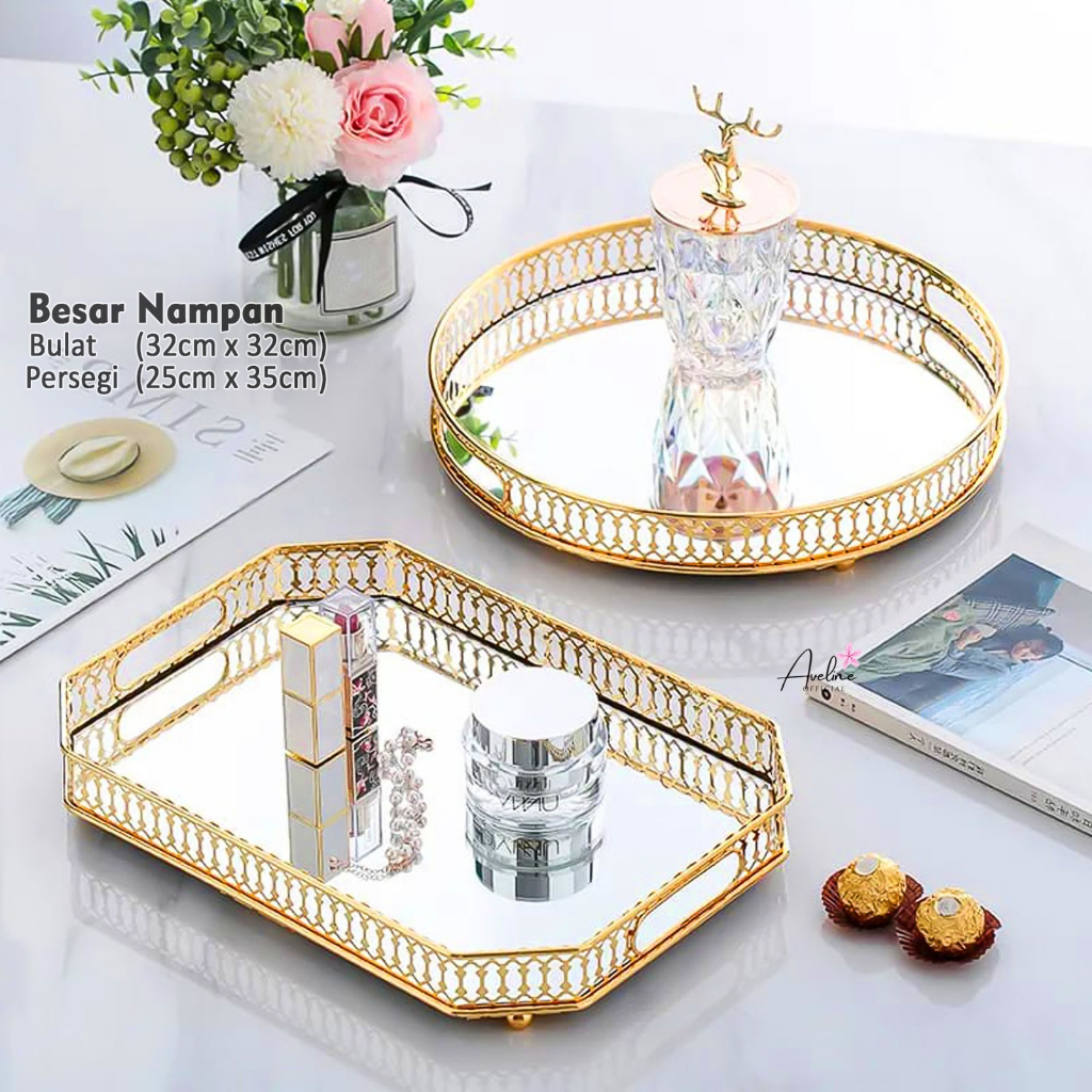 AVELINE Nampan Dekorasi Home Decoration Exclusive Gold / Nampan Gold Kaca / Nampan Minuman Lebaran /