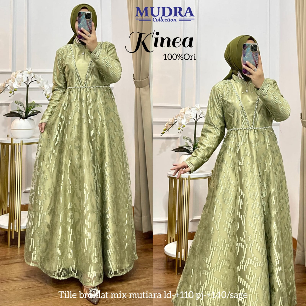 [LD 110] KINEA DRESS GAMIS BRUKAT WANITA PESTA BAHAN TILE BROKAT MIX MUTIARA ORI BY MUDRA HIJAB