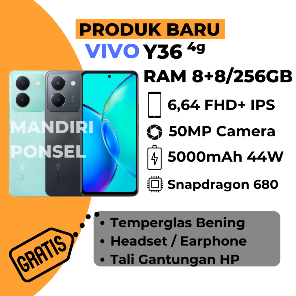 VIVO Y36 RAM 16 (8+8EXTEND/256GB) GRATIS EARPHONNE,TEMPERGLAS dan TALI GANTUNGAN HP