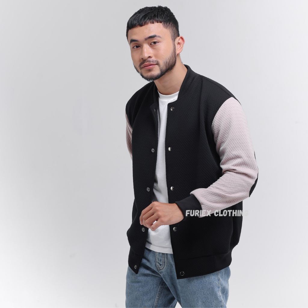 Jaket Varsity Pria Elbow Hitam