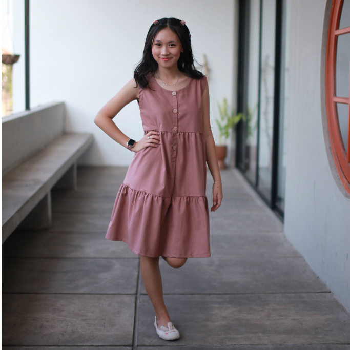 Dandelion Linen Dress Wanita Dusty Pink - Midi Dress - Korea Style - Rok Wanita Perempuan - Rok Polo
