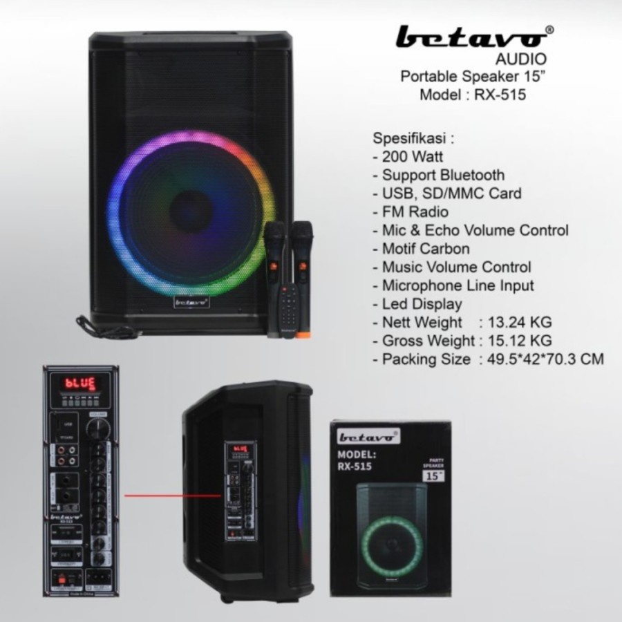 SPEAKER PORTABLE WIRELESS BETAVO 15 INCH RX 515 SPEAKER 2MIC WIRELESS