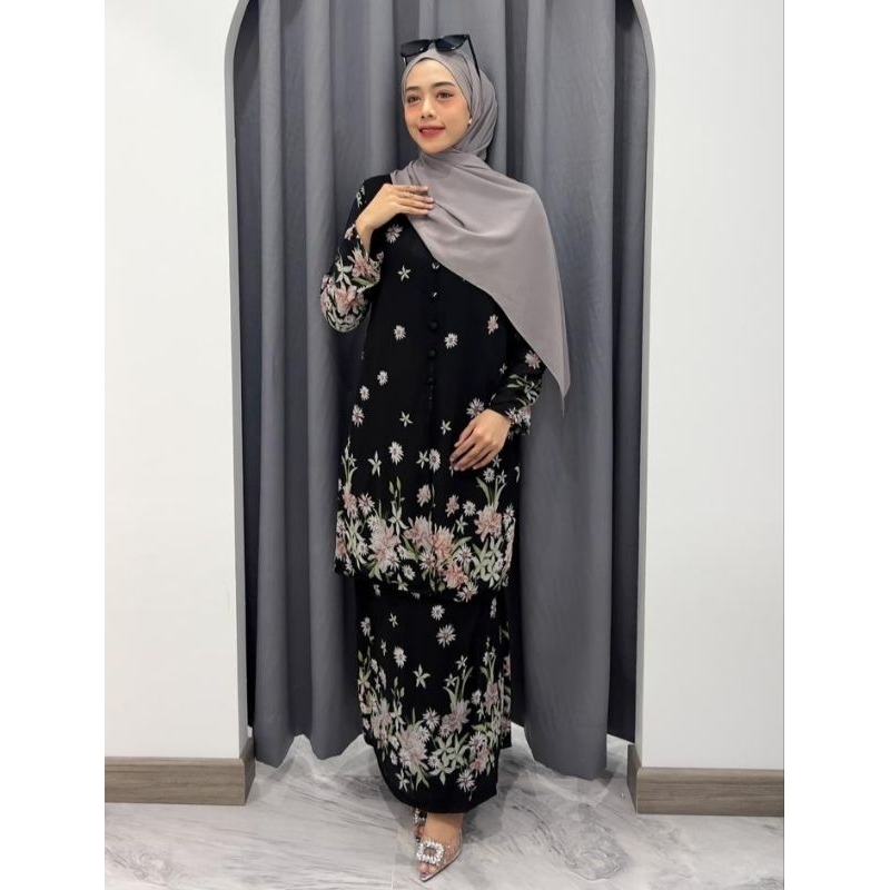 SALE JUMBO LD130 Baju Oneset Melayu Motif Ceruty Babydoll Full Furing Premium Stelan Malaysia Sifon 