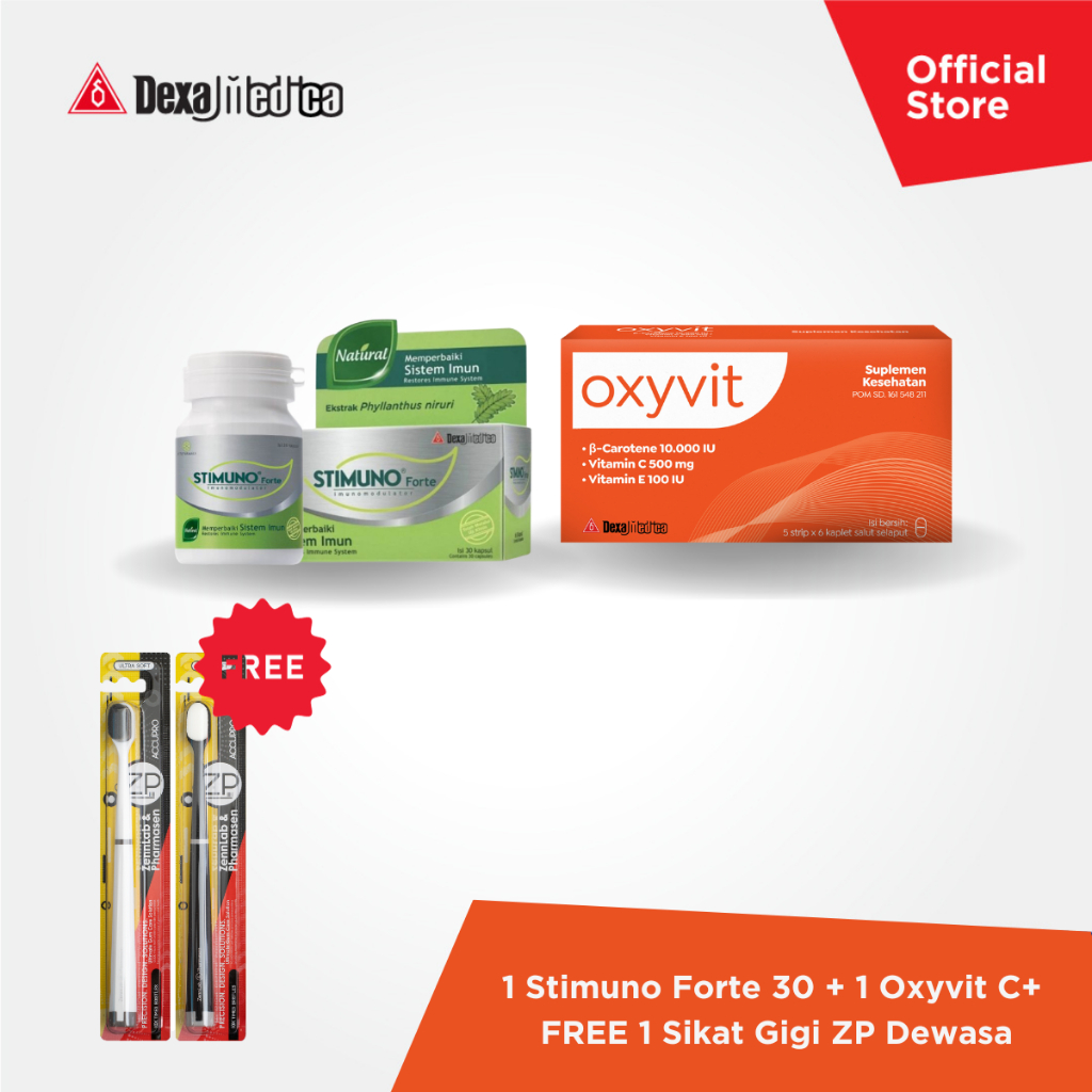 1x Stimuno Forte 30 Kapsul Herbal untuk Imun Tubuh &amp; 1 Box Oxyvit C+ 30 Kapsul - FREE Sikat Gigi ZP Dewasa