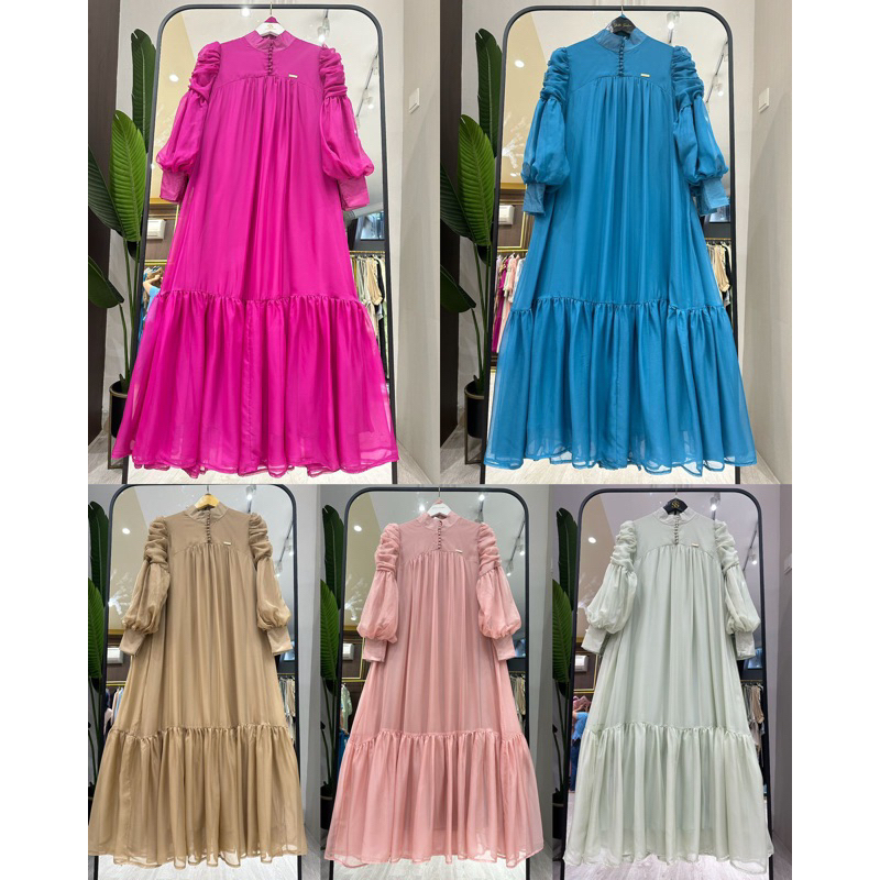 dress gamis sutra lengan kedut SS ori SHELLASAUKIA