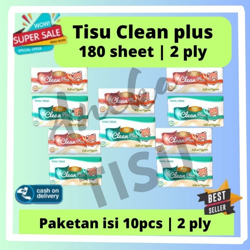 paketan 10 pcs tisu clean plus 180 sheet