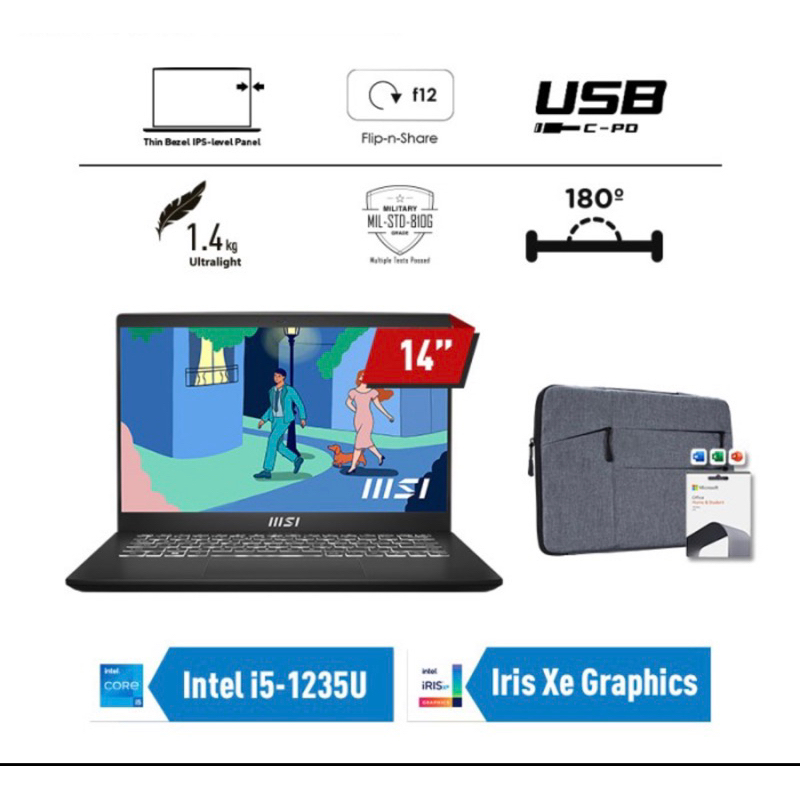 Laptop MSI Modern 14 - Garansi s/d Maret 2024 Core i5-1155G7 8GB 512GB 14" FHD W10