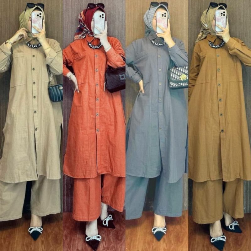 RAISA ONESET SETELAN LONG TUNIK DAN KULOT POLOS POLO LINEN