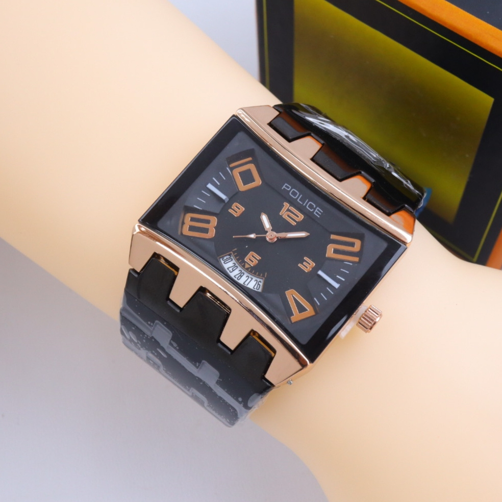 BEST SELLER>> JAM ANGAN COWOK ELEGAN POLICE MESIN QUARTZ STRAP RANTAI TAMPILAN FASHION ANALOG TANGGA