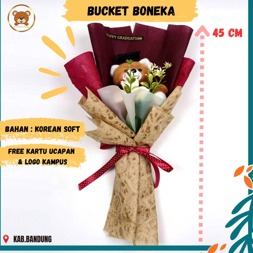 Bucket Wisuda Cewek Cowok Graduation Tinggi 45 cm Bouqet Hadiah Boneka dan Bunga