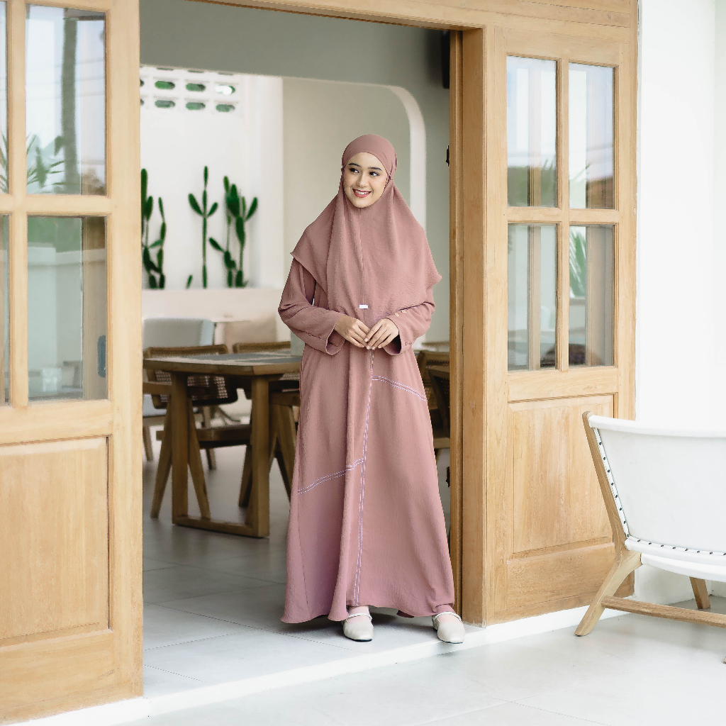 Naisha Official Kanaya Abaya Set Umroh Crinkle Sudah Dapat Gamis dan Jilbab-Rosebrown