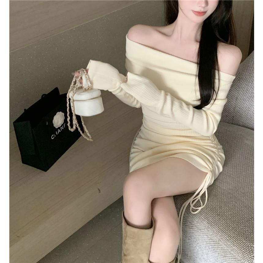 98117 Dress Gaun Sabrina Seksi Dress Ramping Dengan Tali Serut Belahan Bawah Legan Panjang