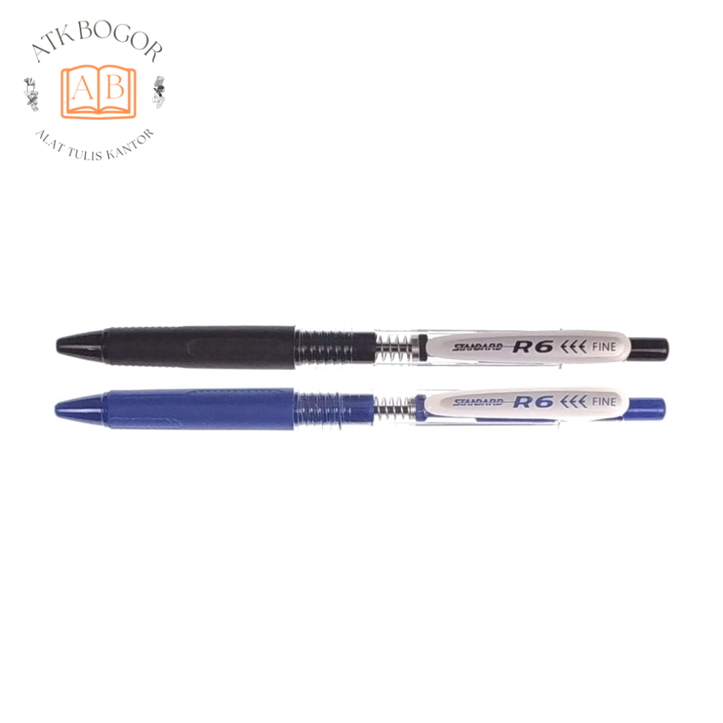 

Pulpen Cetek Semi Jel dengan Grip Karet Ukuran 0.5 Tinta Hitam / Biru Standard R6 Oil Gel Retracable Tip Point Fine Ballpoint Pen Rubber Grip - Isi 1 Pack / 12 Pcs