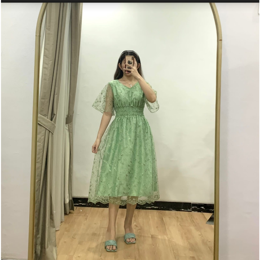 Dress Flora MERLIN SIZS M L XL XXL / DRESS SATIN LAPIS BRUKAT TILE MUTIARA MEWAH / GAUN PESTA / DRES