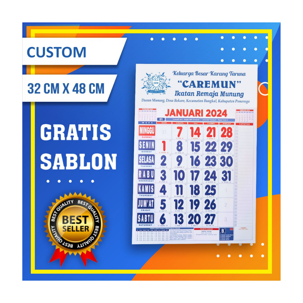 

KALENDER DINDING SABLON 2024 MURAH CUSTOM 12 LEMBAR CALENDER VERSI JAWA DAN ISLAM MEDIA PROMOSI - (MINIMUM PEMESANAN 50)