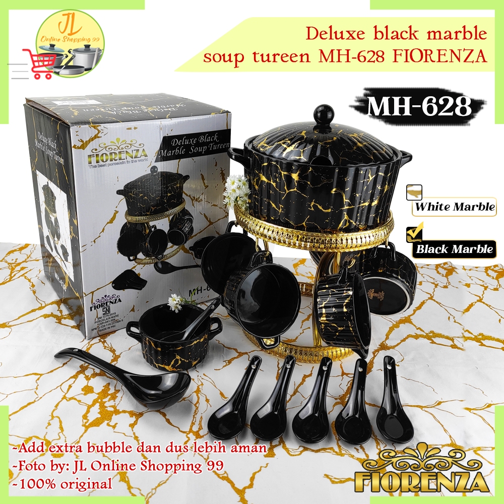 FIORENZA soup tureen black marble duluxe series with rack MH-628 / mangkok es buah keramik + sendok