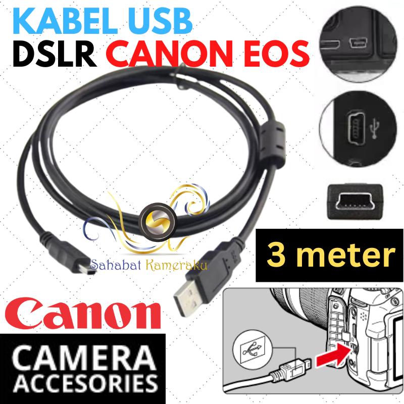 3m Kabel Data Kamera Mini USB 5pin Charger Cable Canon EOS DSLR 550D 600D 650D 700D 750D 760D 800D 8