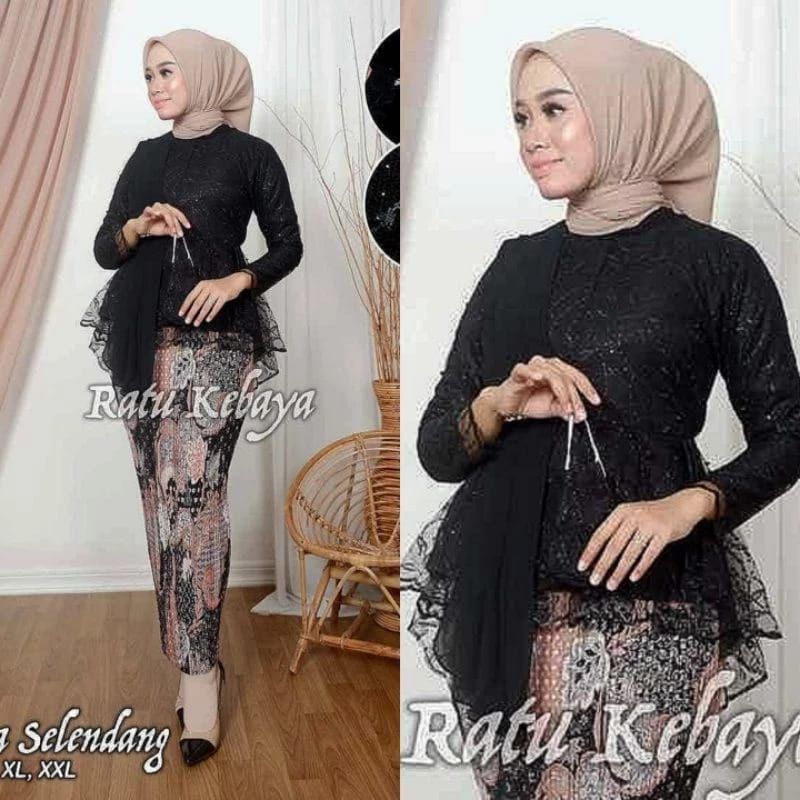 Set Kebaya Selendang Aurel Hitam Set / Atasan Kebaya Modern Kebaya Hitam Kebaya Wisuda Hitam