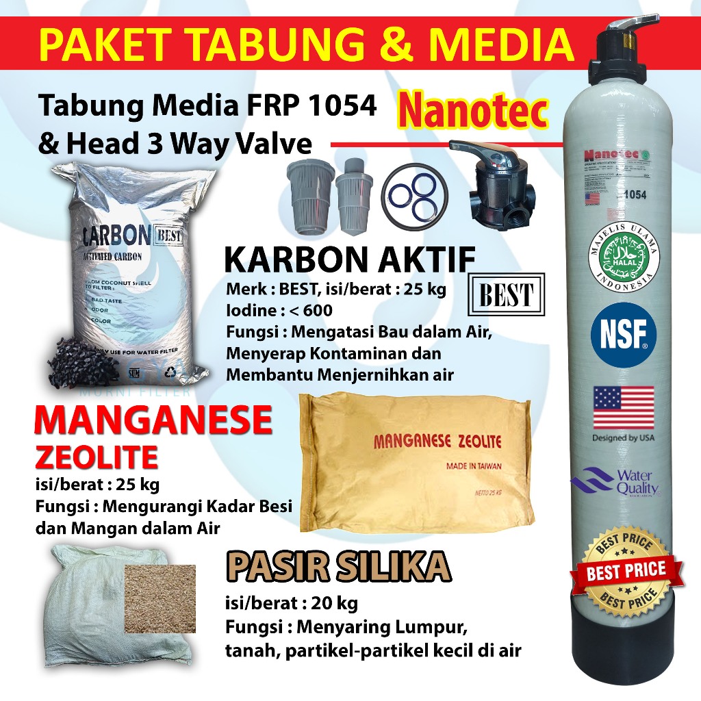 Paket Tabung Media FRP 1054 Nanotec + Head 3 Way Valve + Pasir Silika 20 Kg + Manganese Zeolite + Ka