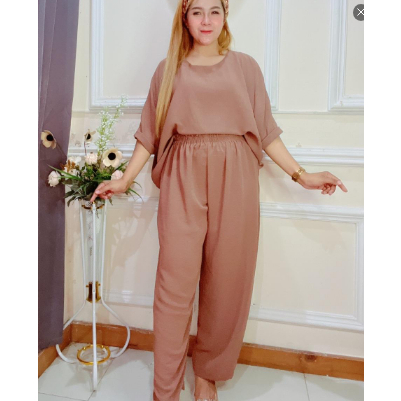 Kimi One Set setelan wanita kekinian terbaru baju atasan Batwing celana panjang Bahan Crinkle Airflo