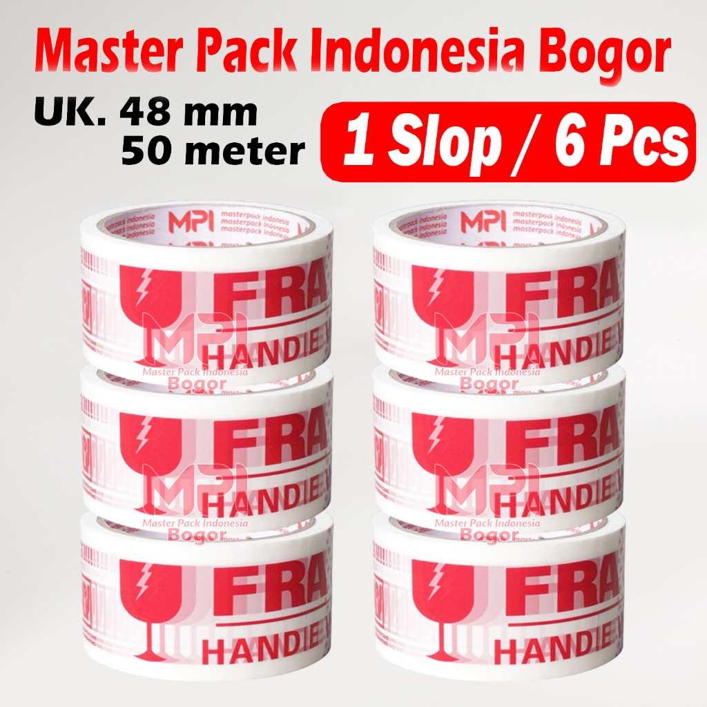 

1 SLOP / 6 PCS - Lakban Fragile Putih 48 mm x 50 yard - Handle With Care Jangan Dibanting - Master Pack Indonesia Bogor