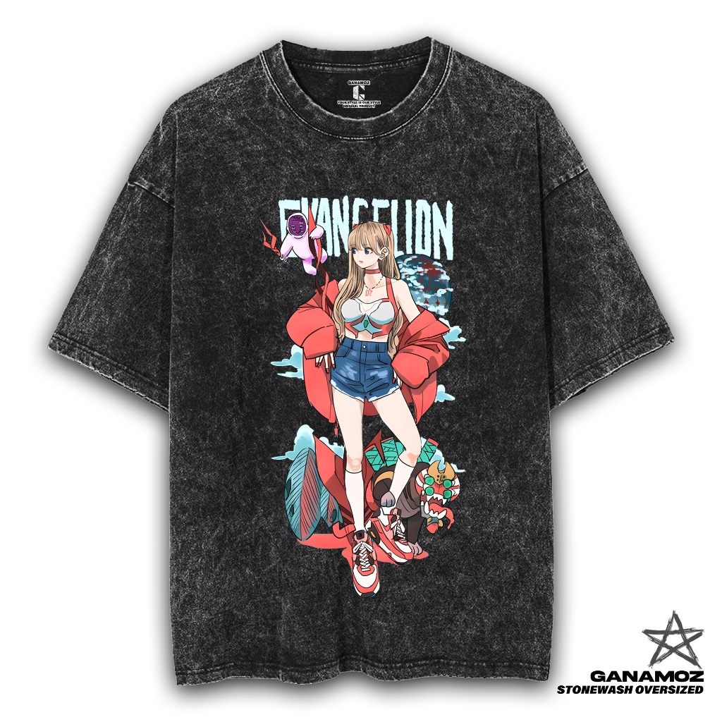 GANAMOZ Kaos Anime Evangelion STYLISH ASUKA Stone Wash Oversize T-shirt | Kaos Oversize Wanita | Kao