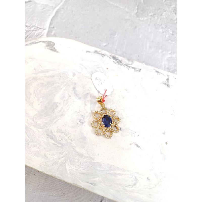 Liontin Cor mata full batu biru oval Emas Asli 16K