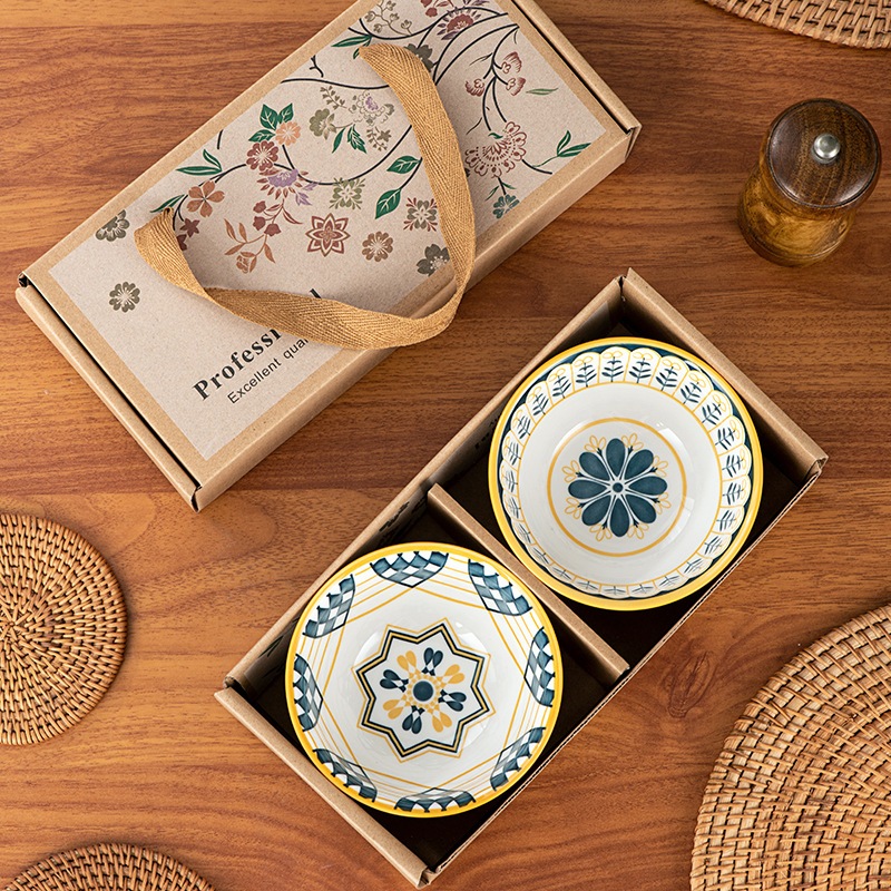 Mangkok Nasi Keramik Rice Bowl Ceramic Set 2 Motif Unik Lucu Nuansa Biru Kuning Hampers Souvenir