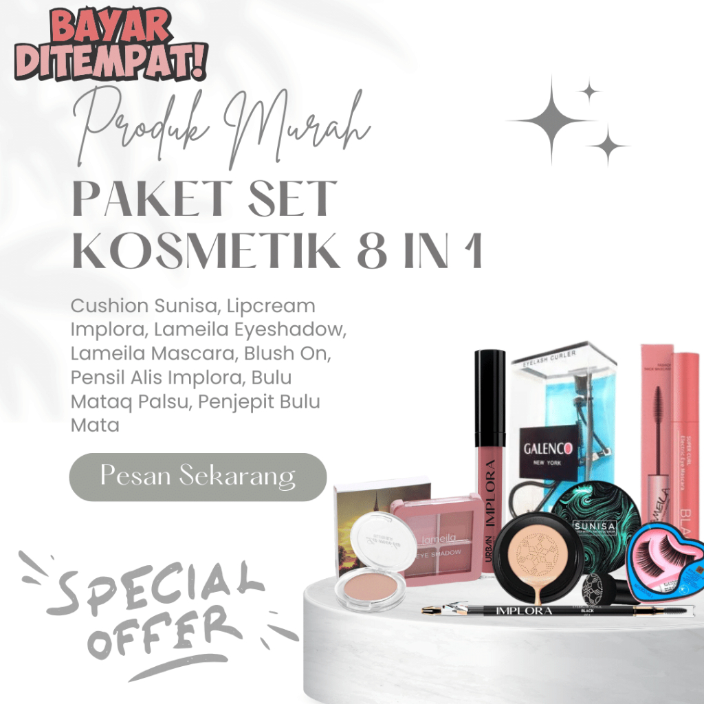 ALAT MAKE UP PROMO 8 PAKET KOSMETIK 8 IN 1 - BEDAK SUNISA CUSHION - LIPCREAM IMPLORA LIPSTIK + LAMEI