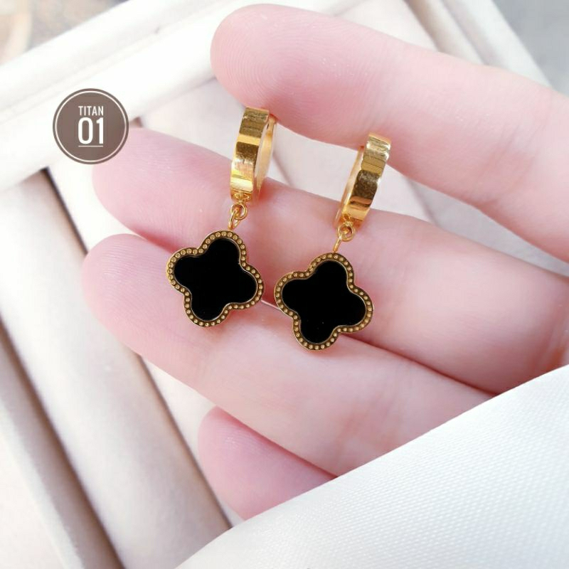 Anting Tusuk Wanita Asli - Anting Titanium Asli Ori Korea Terlaris - Anting Clover - ANting Bunga