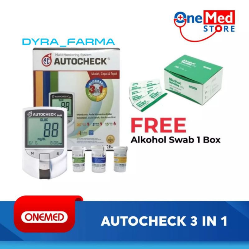 Alat Cek Gula Darah Asam Urat Kolesterol Autocheck 3in1 BONUS Alkohol Swab Onemed / Autocheck 3in1