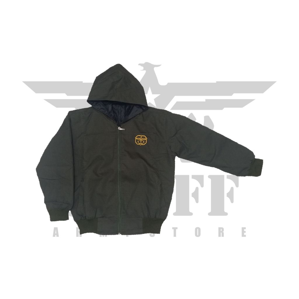 Jaket Hoodie Anak Bordir Logo Pataka / Kopassus Warna Hijau Army Bahan Ripstop
