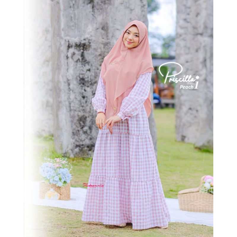 PRISCILLA DRESS PEACH L SET KHIMAR BY ZABANNIA
