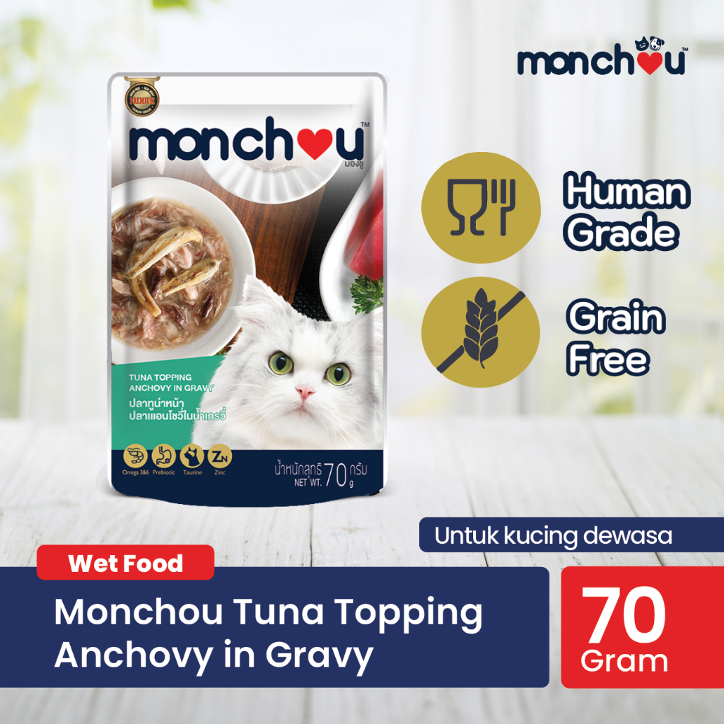 Monchou Makanan Kucing Human Grade Tuna &amp; Anchovy in Gravy 70gr