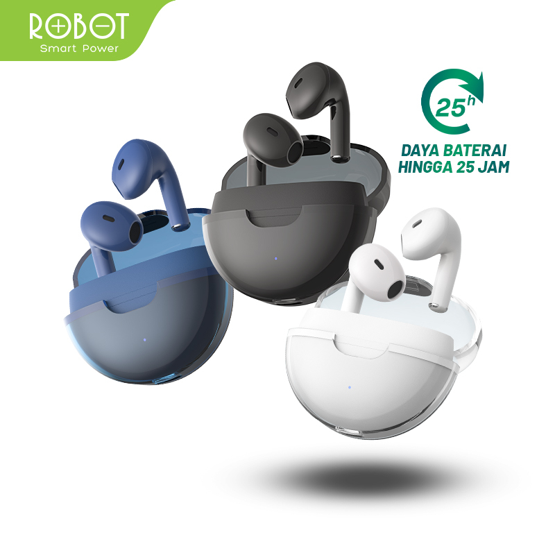Robot Flybuds T20 TWS Wireless Earphone Bluetooth 5.3 Case Transparan Baterai 25 Jam Garansi 1 Tahun