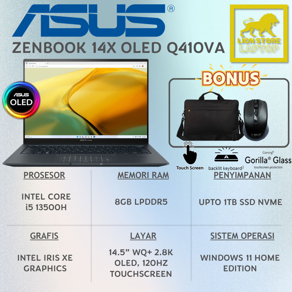 Laptop Asus Zenbook 14X OLED Q410VA Intel Core i5 13500H RAM 8GB SSD 1TB Layar 14 Inch OLED 2.8K 120