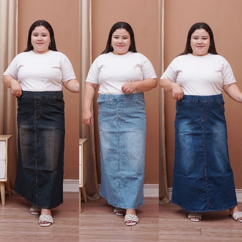 rok jeans panjang wanita jumbo pinggang full karet - rok highwaist bigsize tebal polos