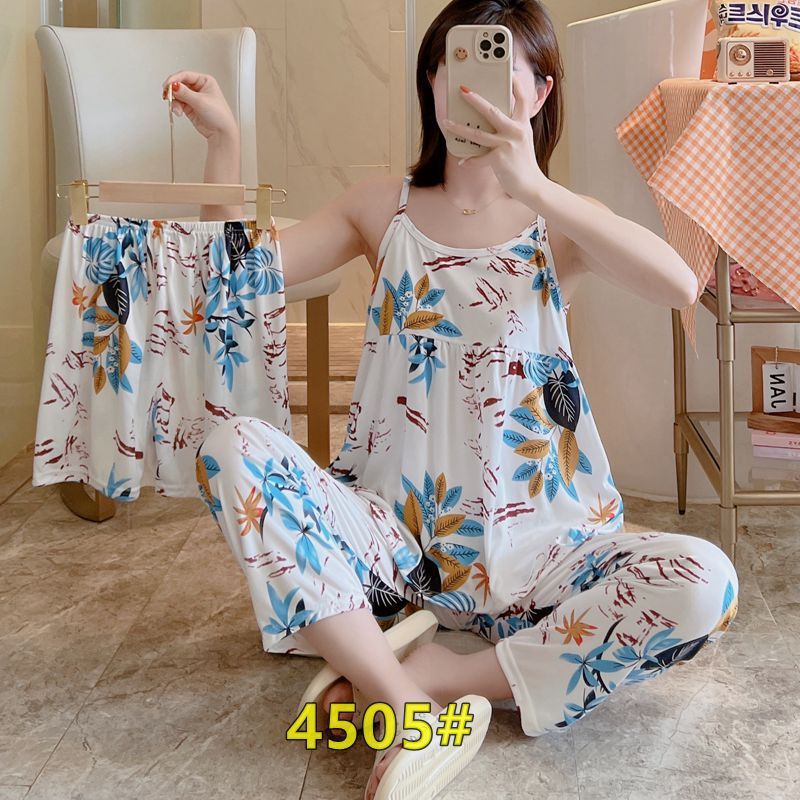 LM 112 Baju Tidur 3in1 Piyama Import Wanita Baju Rumah 1 Set Lengan Pendek Celana Pendek & Panjang