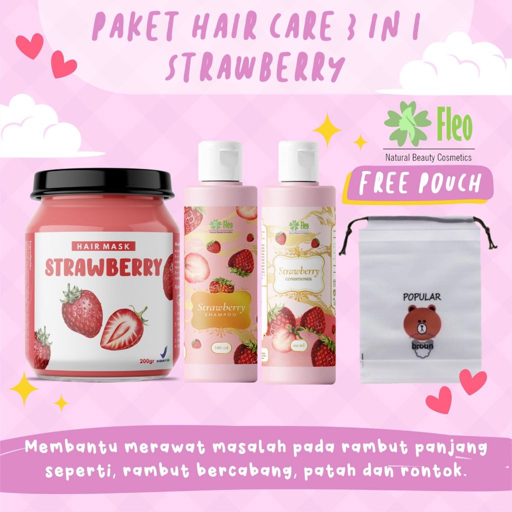 [BPOM] PAKET HAIR CARE 3IN1 FREE POUCH / HAMPERS HAIR MASK / HAMPERS HAIR CARE ISI 3 PCS-Stawberry