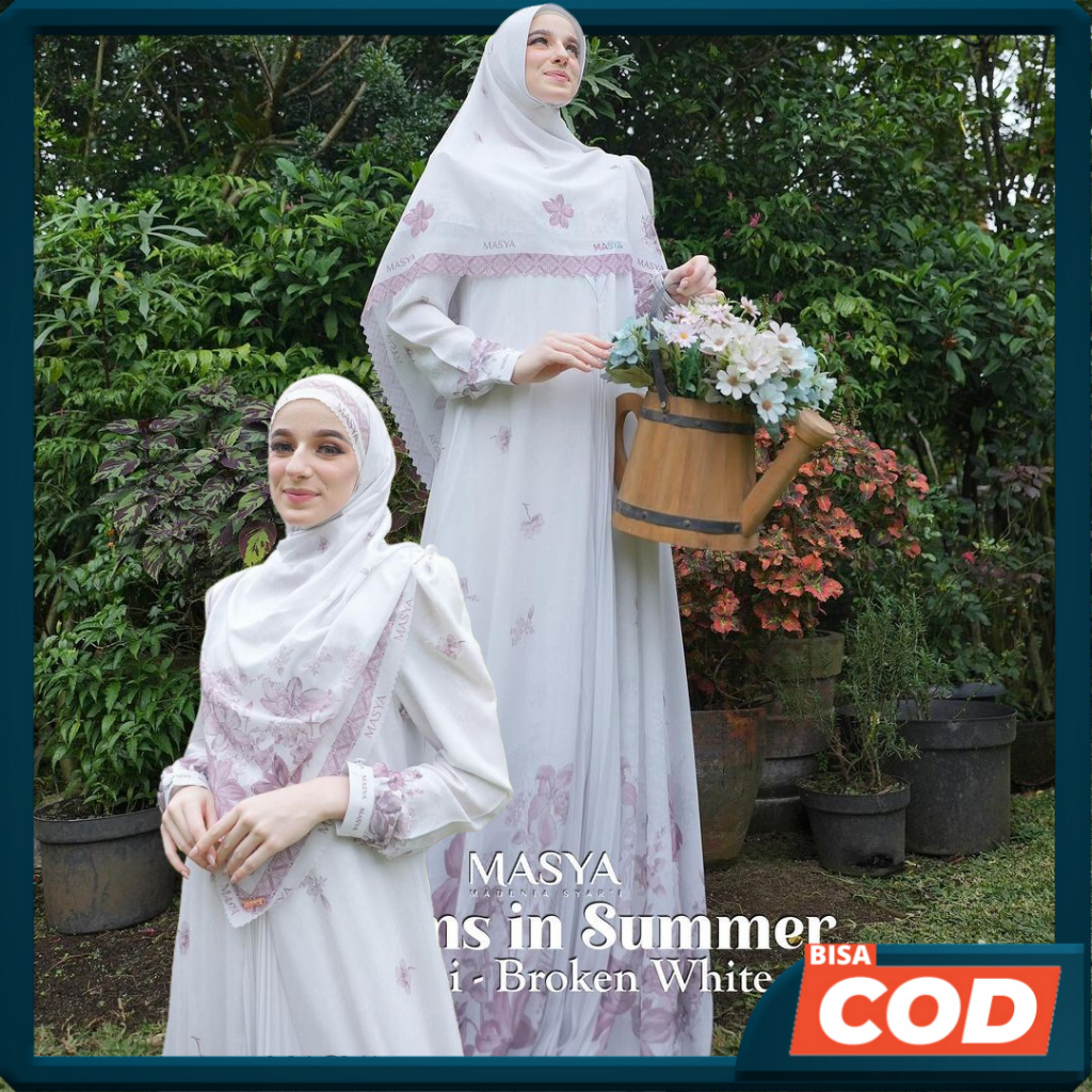 Set Gamis Dress Ceruty Babydoll Printing Premium Syari Warna Putih Broken White Mewah Masya Syari Or