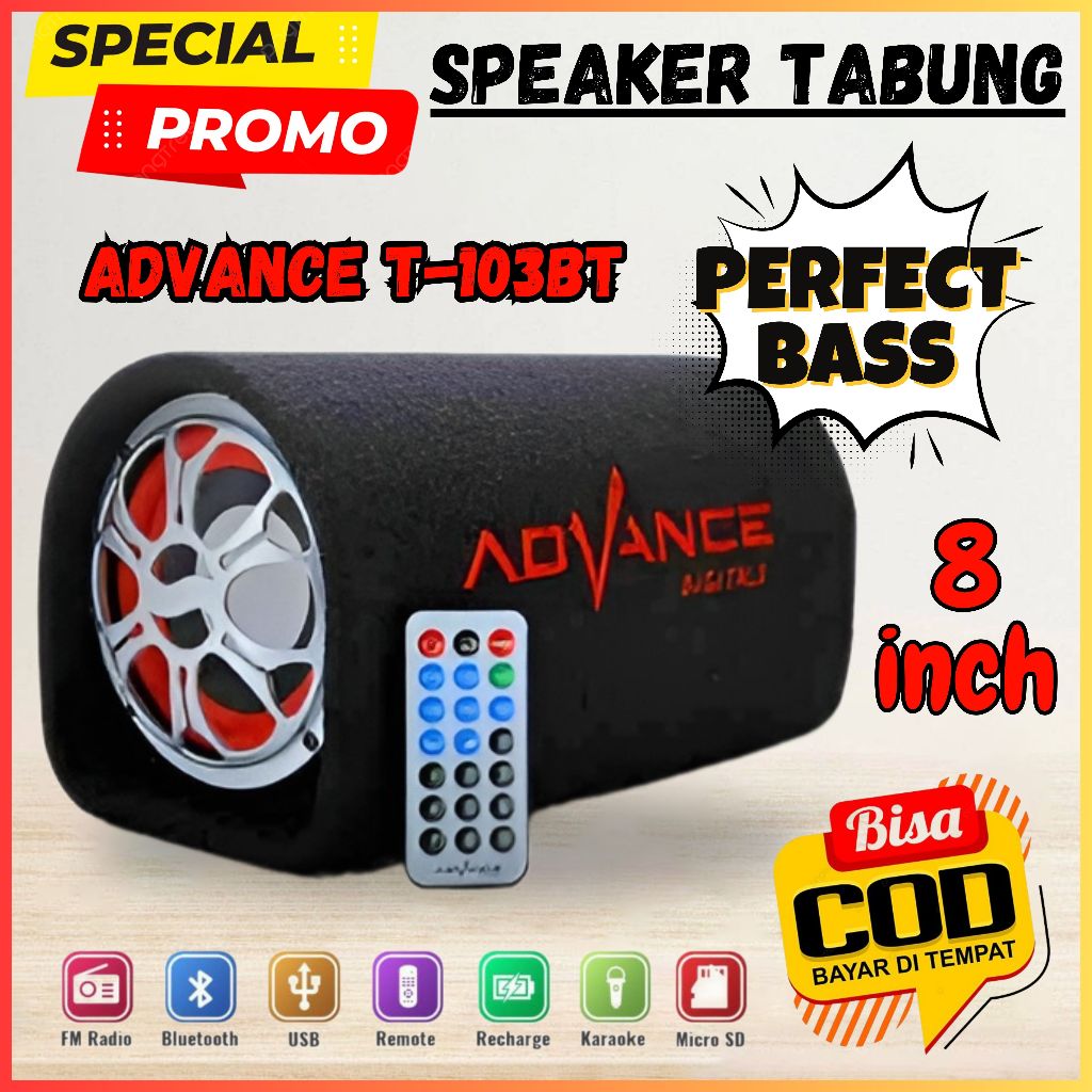 Speaker Tabung Jumbo 8inch ADVANCE T-103BT Best Seller Speaker Bluetooth Black Subwoofer Salon Mobil