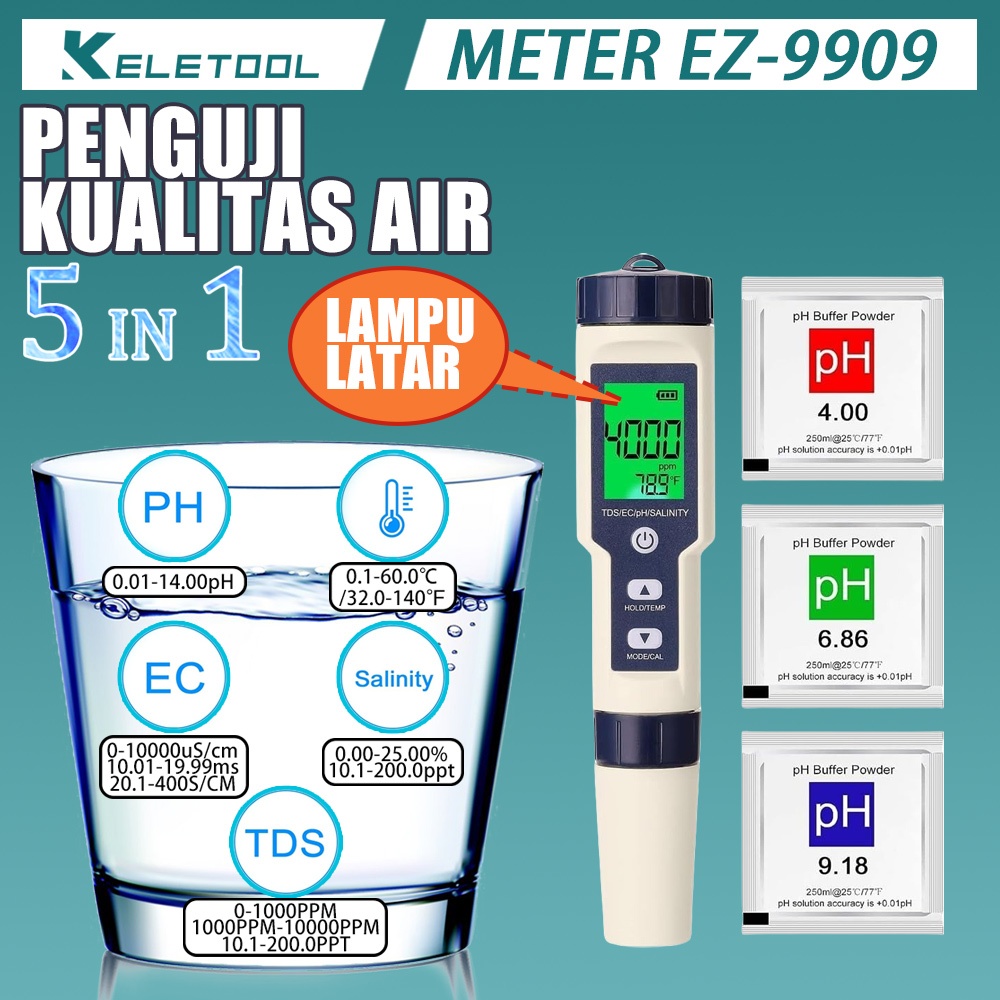 Keletool 5 in 1 PH TDS EC Pengukur Salinitas Suhu EZ-9909 Penguji kualitas air Water quality tester 