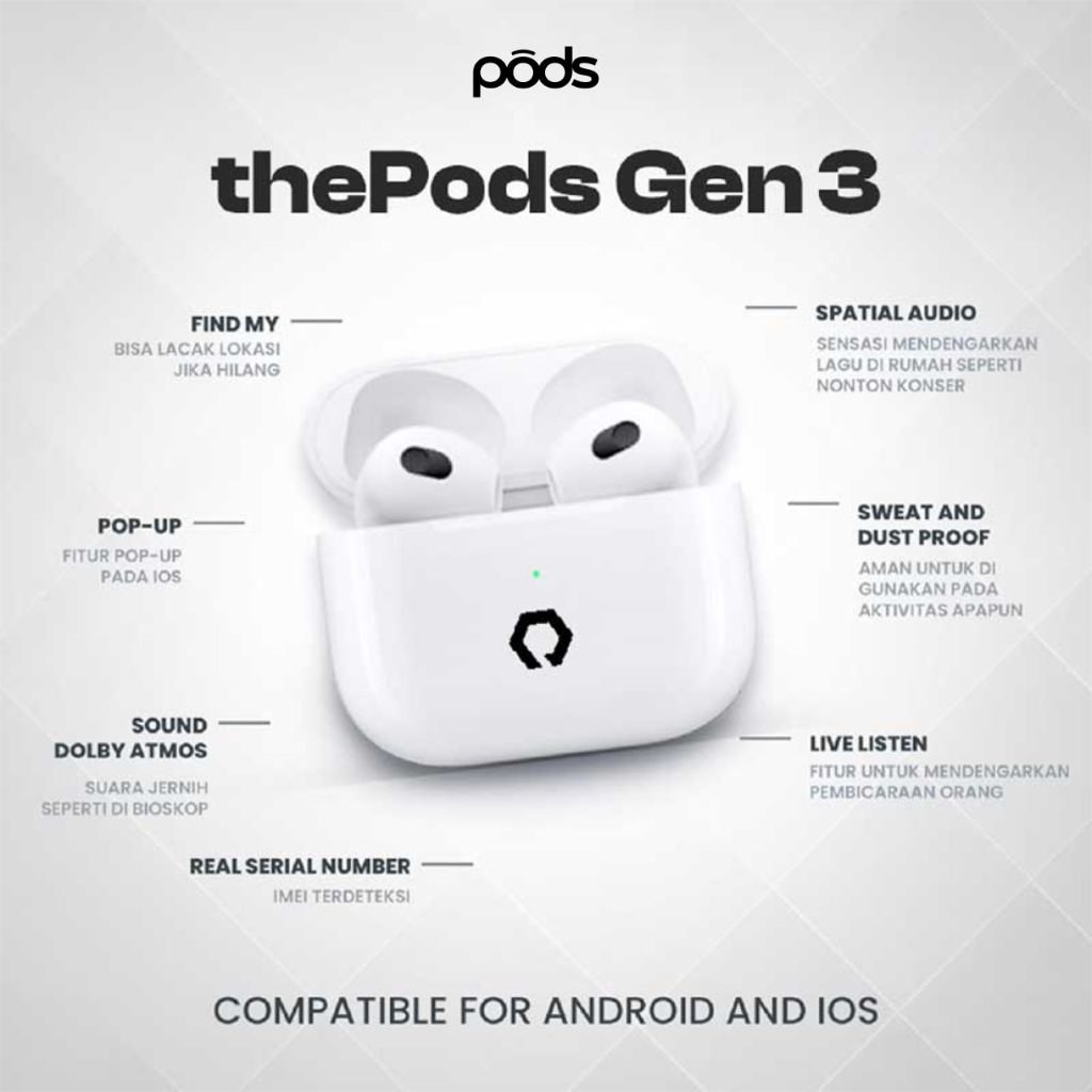 ThePods 3rd Generation Gen 3 2024 - (IMEI & Serial Number Detectable + Spatial Audio) - Final Upgrade Version 9D Hifi True Wireless Stereo Bluetooth Headset Earphone Earbuds - Headphone Spatial Audio TWS Charging Case - By PodsIndonesia Image 2