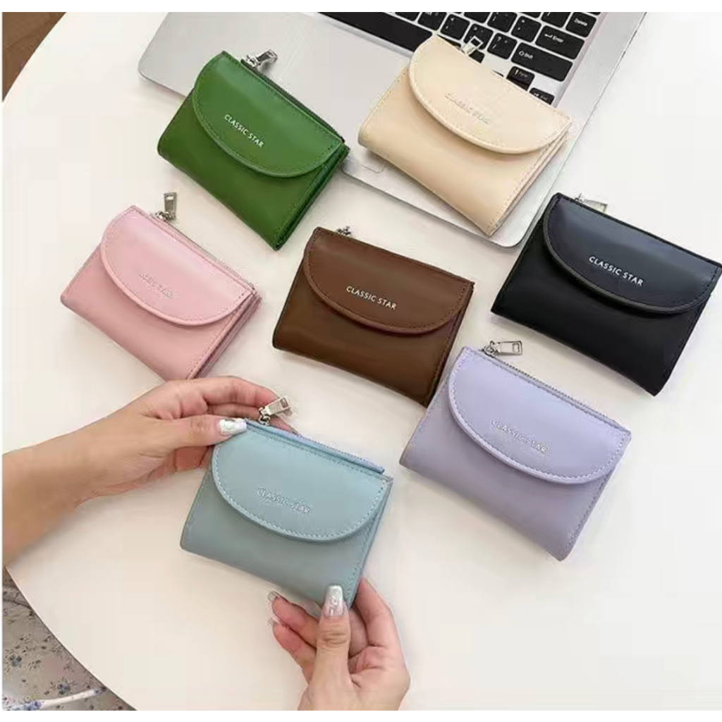 Dompet Lipat Dompet Koin Wanita Baru Gaya Korea Tempat Kartu Sederhana Warna Solid Pelajar Tas Lipstik Multifungsi Dompet Kapasitas Besar