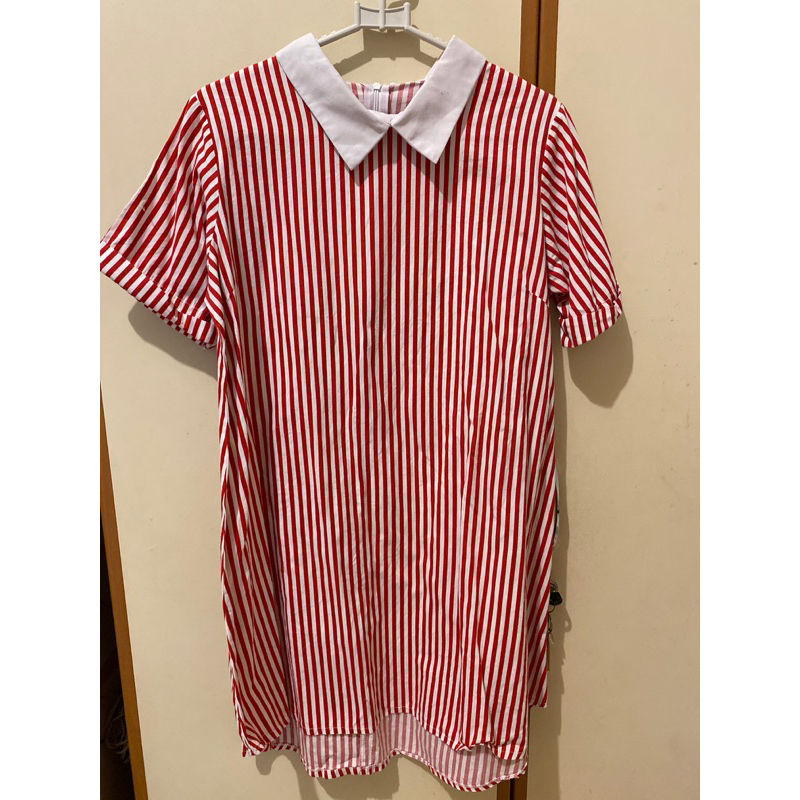 Kemeja Panjang Rok berkerah garis merah putih preloved