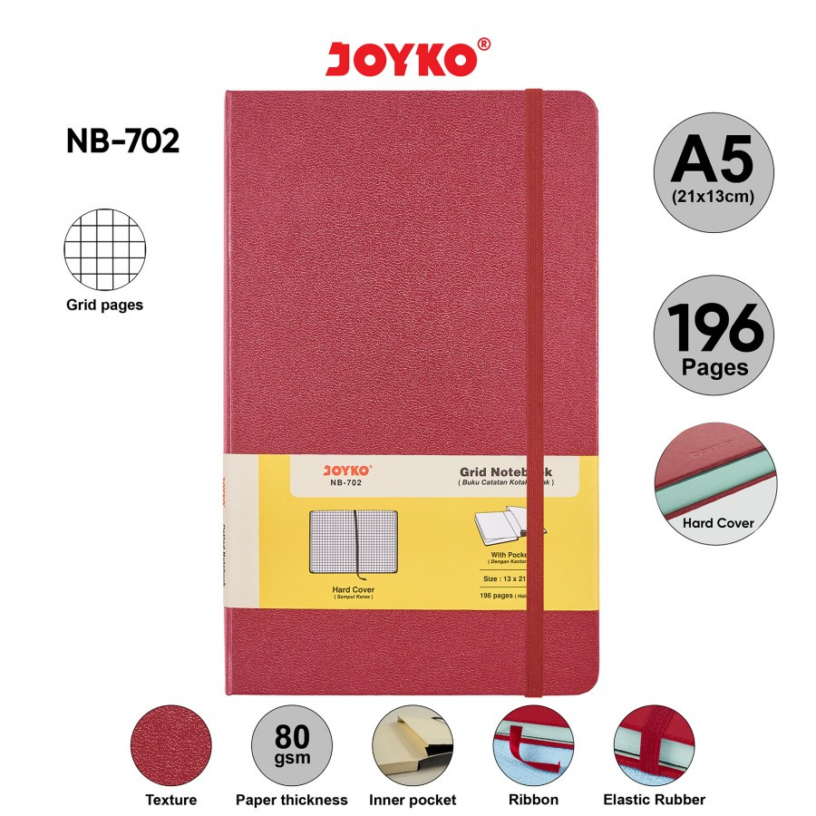

GRID HARDCOVER NOTEBOOK A5 | JOYKO NB-702 | POCKET | BUKU CATATAN KOTAK2 | 196 hal | 80 gsm