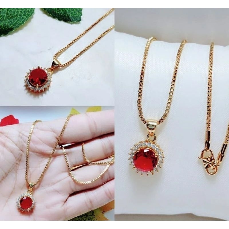 Kalung Wanita Liontin batu Merah tembaga lapis emas