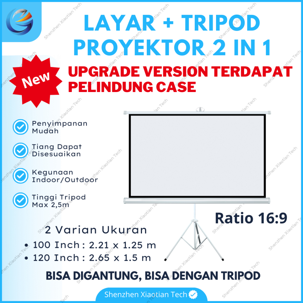 Tripod Screen Proyektor 100 120 Inch 16:9 Dengan Case Pelindung Layar | Tripod Plus Layar Proyektor 